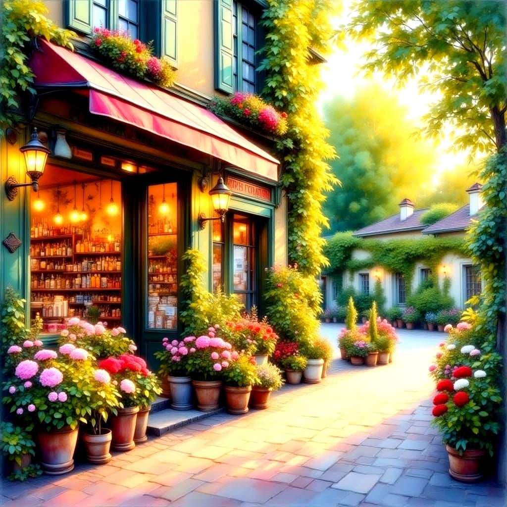 French Flower Shop at Dusk: An Impressionistic Oil Painting