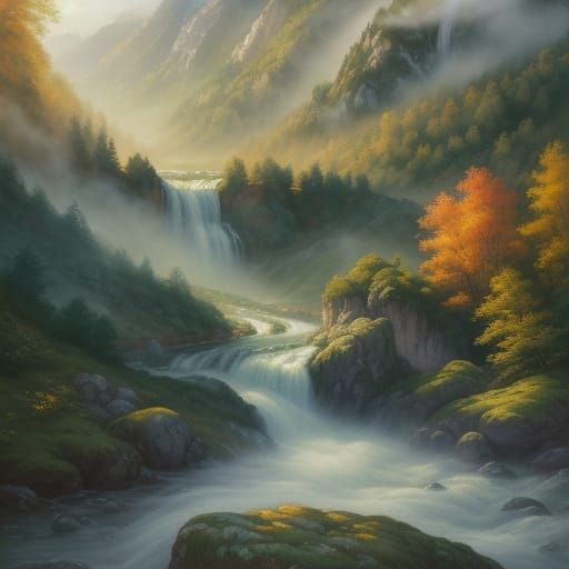 Romantic Waterfall in Misty Mountains, Watercolor Art