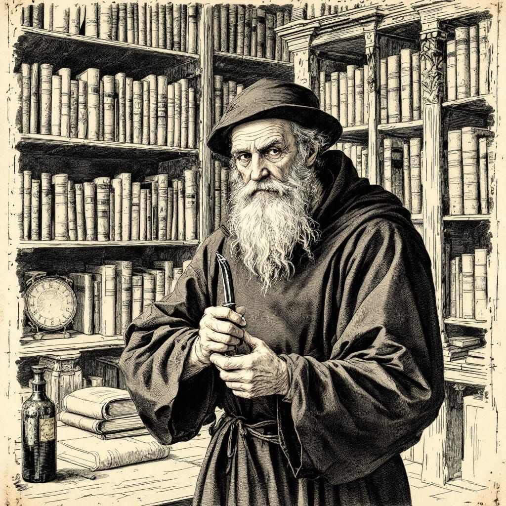 Medieval Friar with Razor, Renaissance Drawing