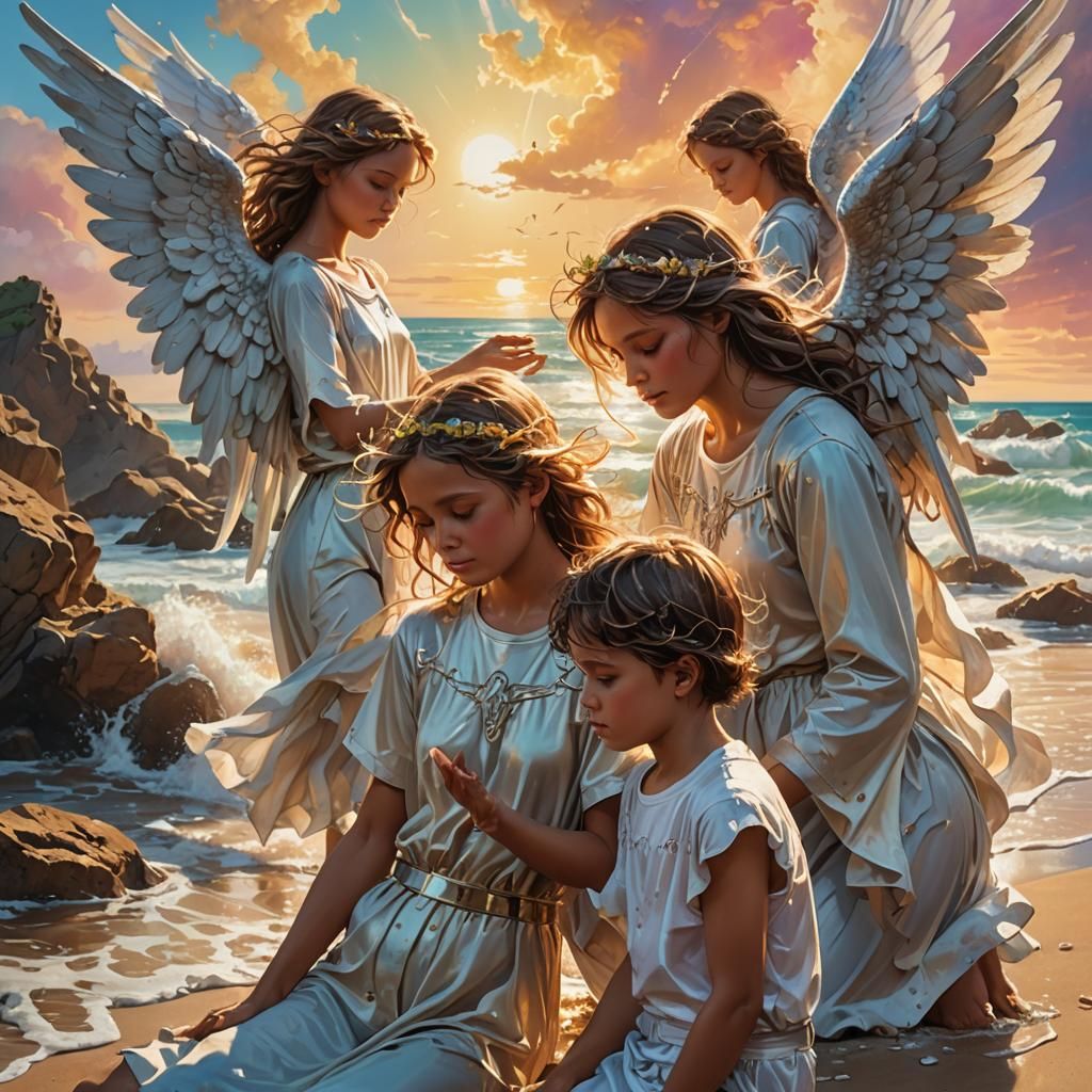 Angels Comforting on the Beach: Hyperrealistic Splash Art