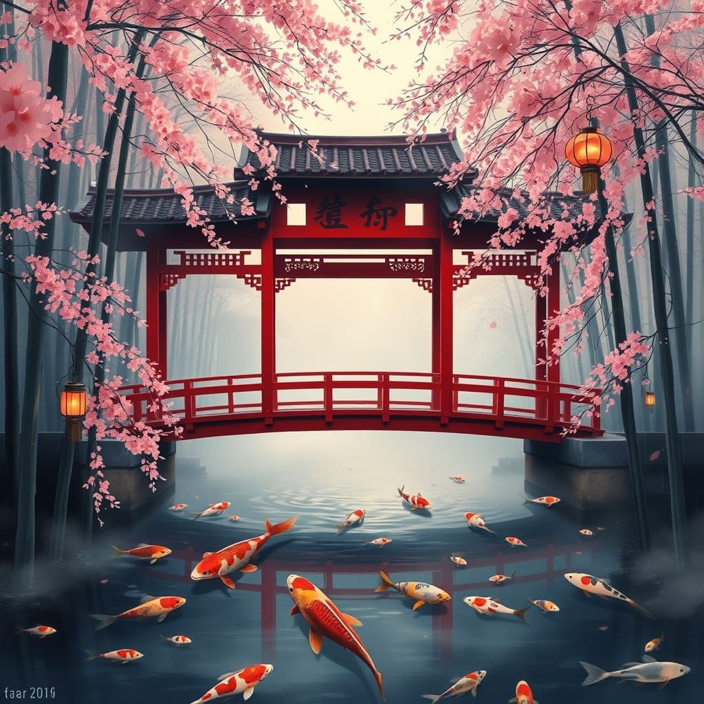 Traditional Chinese Arched Bridge in Misty Bamboo Forest at ...