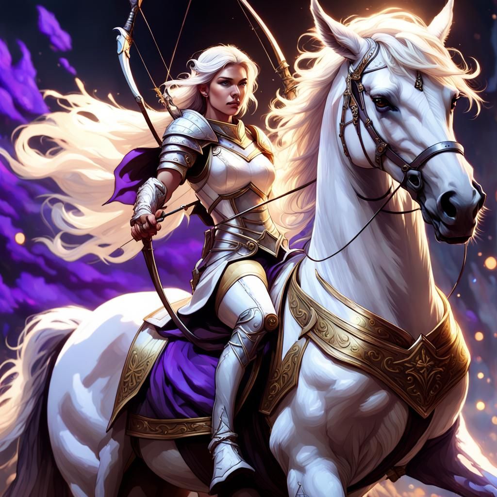 Female Archer on White Horse: Dark Fantasy Art