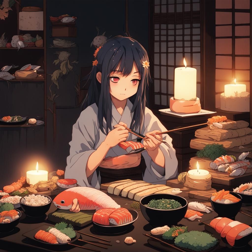Anime Girl About to Eat Giant Sushi Stack