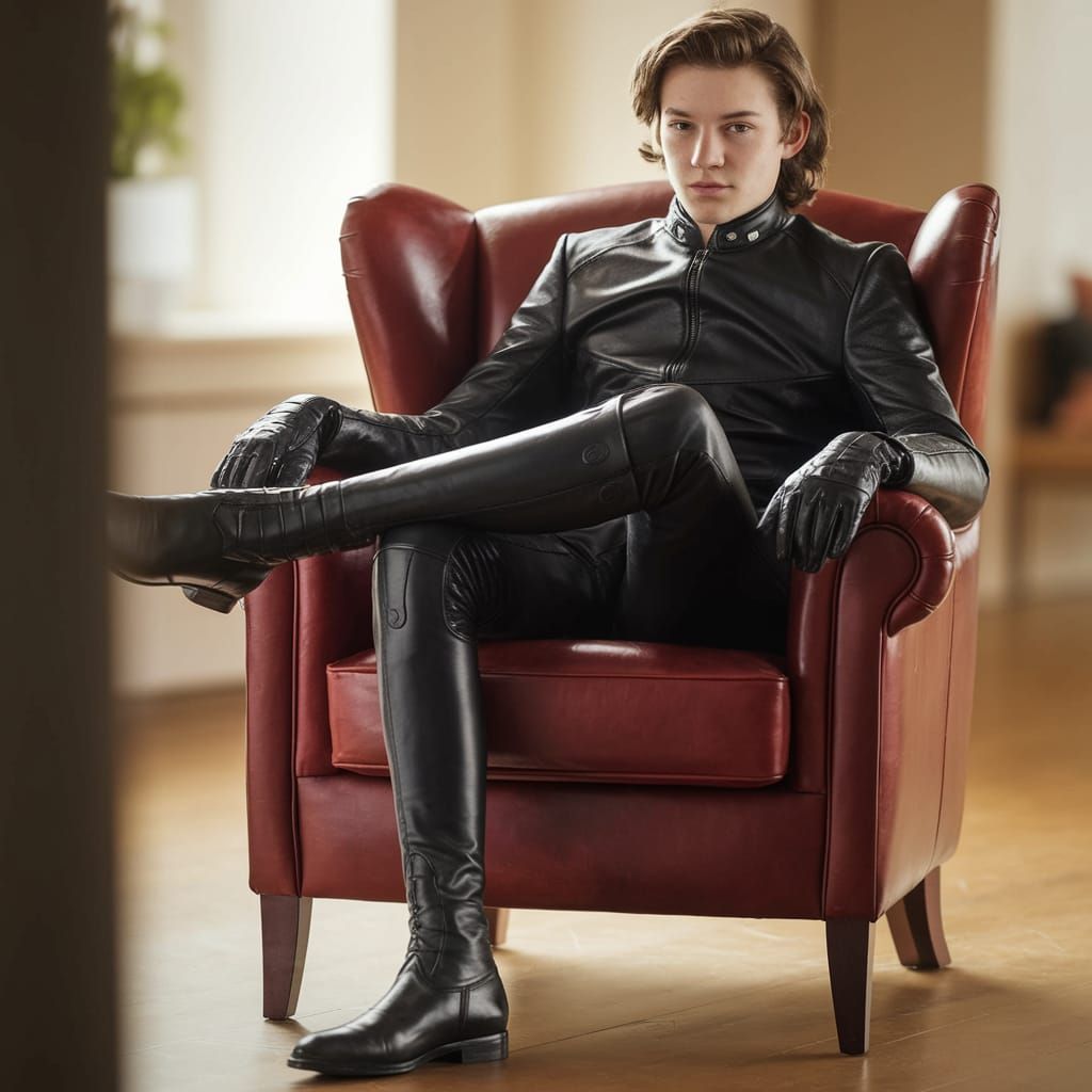 Elegant Young Man in Leather Attire in a Warm Living Room
