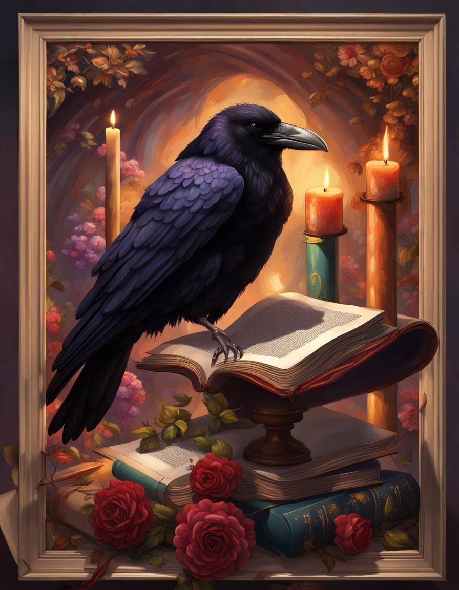 Dark Academia Raven with Scroll and Books
