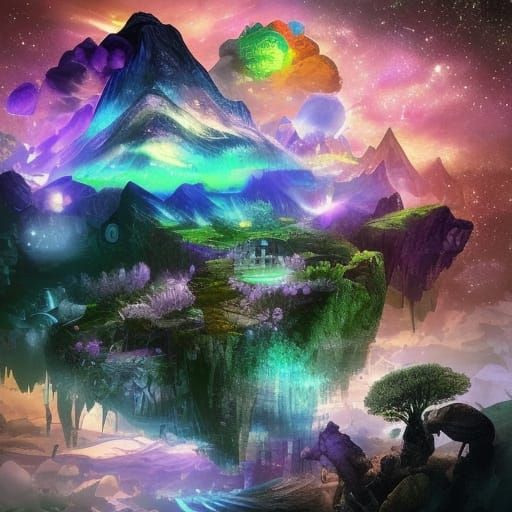 Magical Fantasy World with Floating Islands as Surreal Oil P...