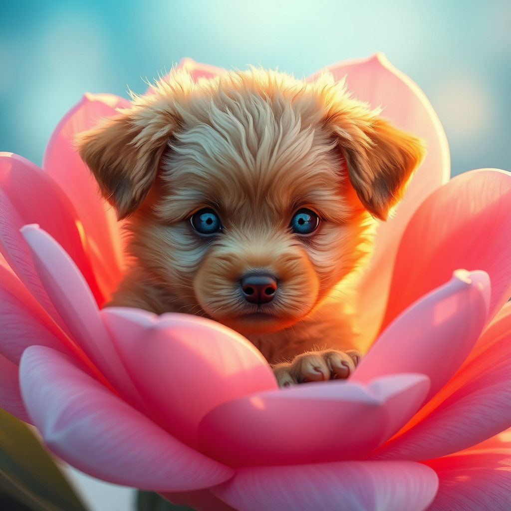 Puppy with Blue Eyes in Flower at Dawn