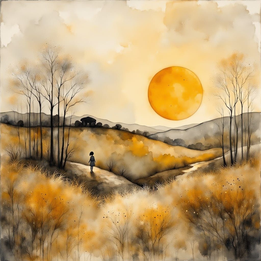 Wabi-Sabi Sunset Landscape with Folk Art Charm