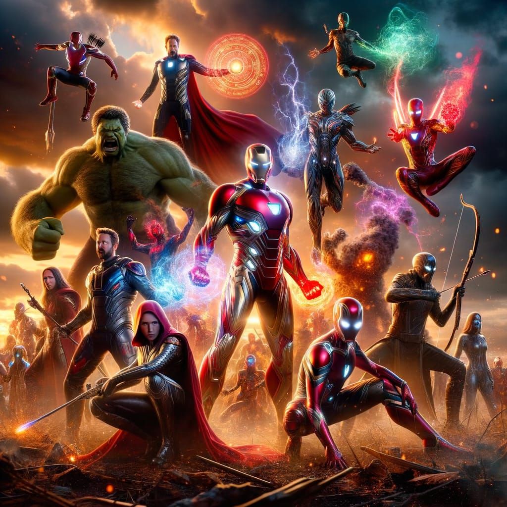 Avengers Assemble: Heroic Group in a War-Torn Field