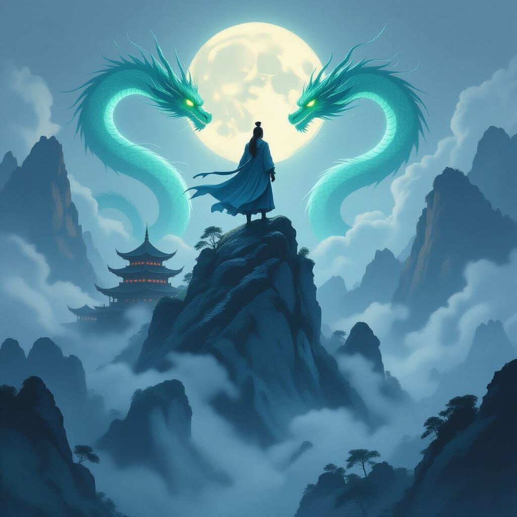 Anime Warrior Amidst Luminous Dragons and Misty Temples