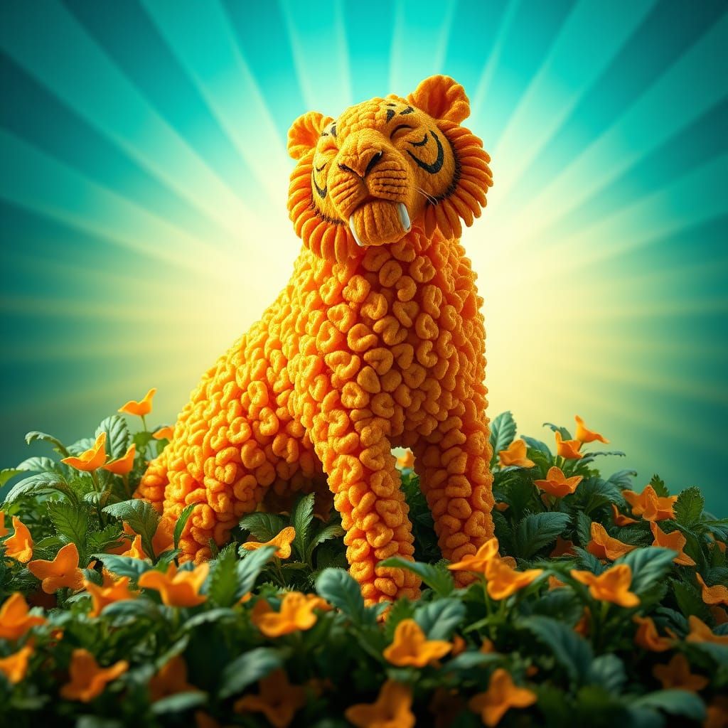 Golden Tiger Sculpture in Whimsical Food Forest