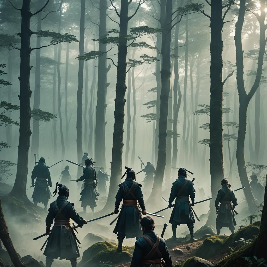Action-Packed Ninja Standoff in Misty Forest