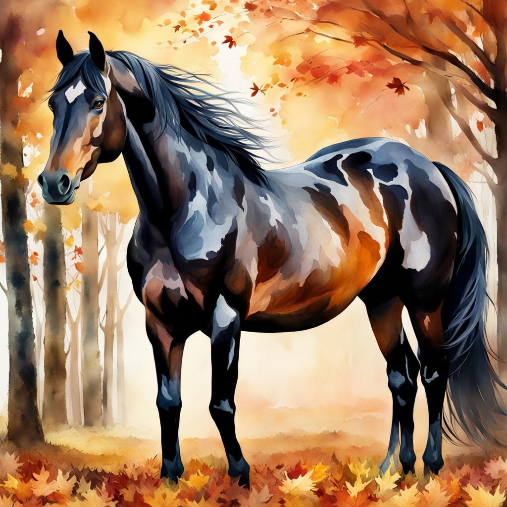 Black Horse in Autumn Leaves: Digital Watercolor Art