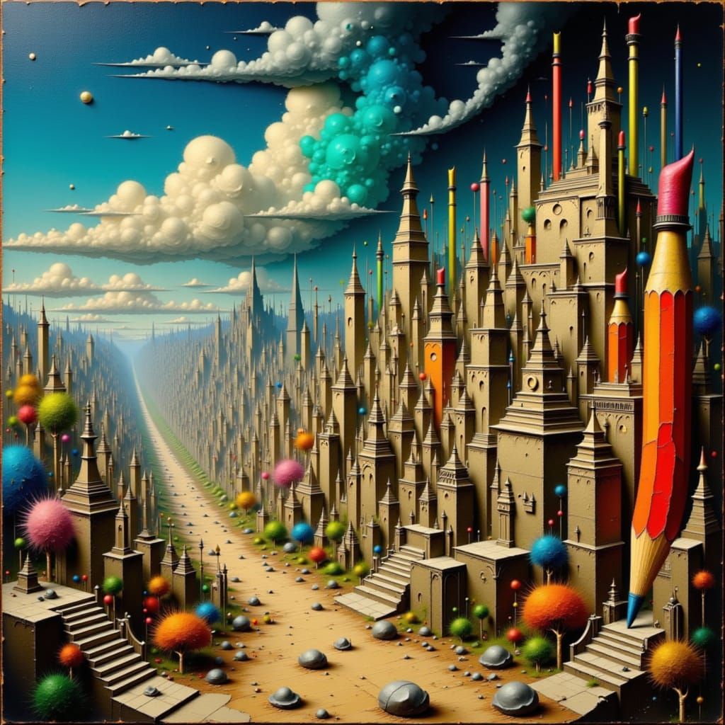 Surreal Cityscape Transformation by Anthropomorphic Pencils
