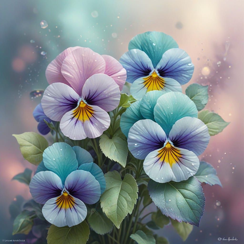 Hyper-Realistic Pansies in Ethereal Watercolour Style