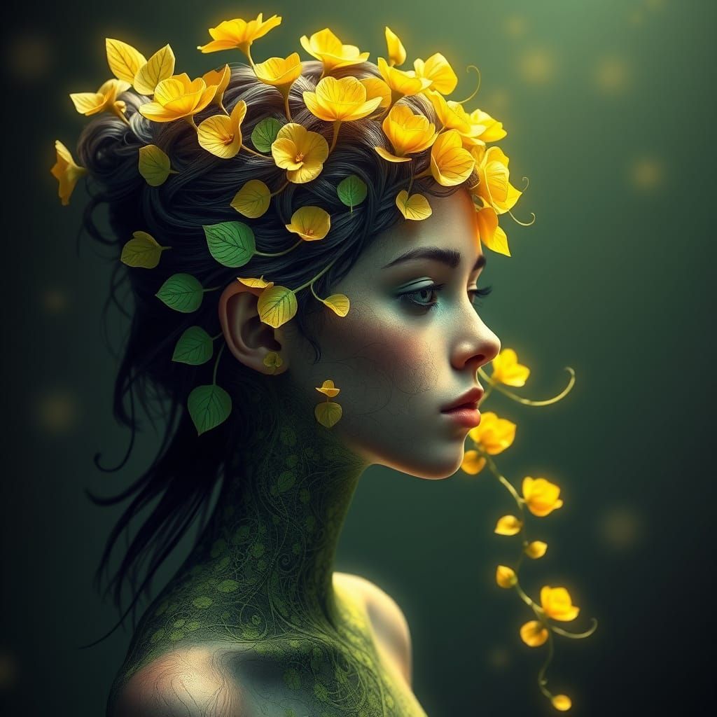 Teenage Girl Becomes Living Plant in Abstract Style