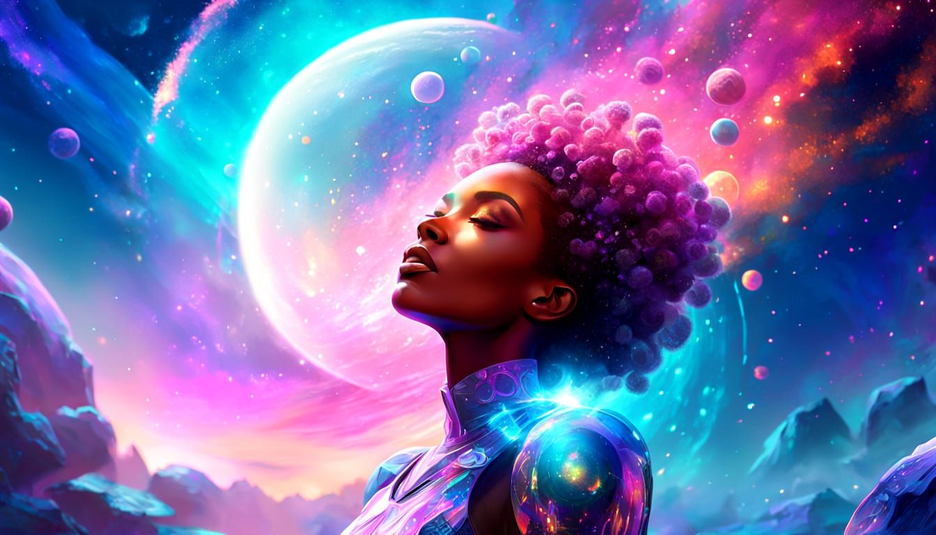 Afrofuturist Woman on Crystalline Planet in Digital Art