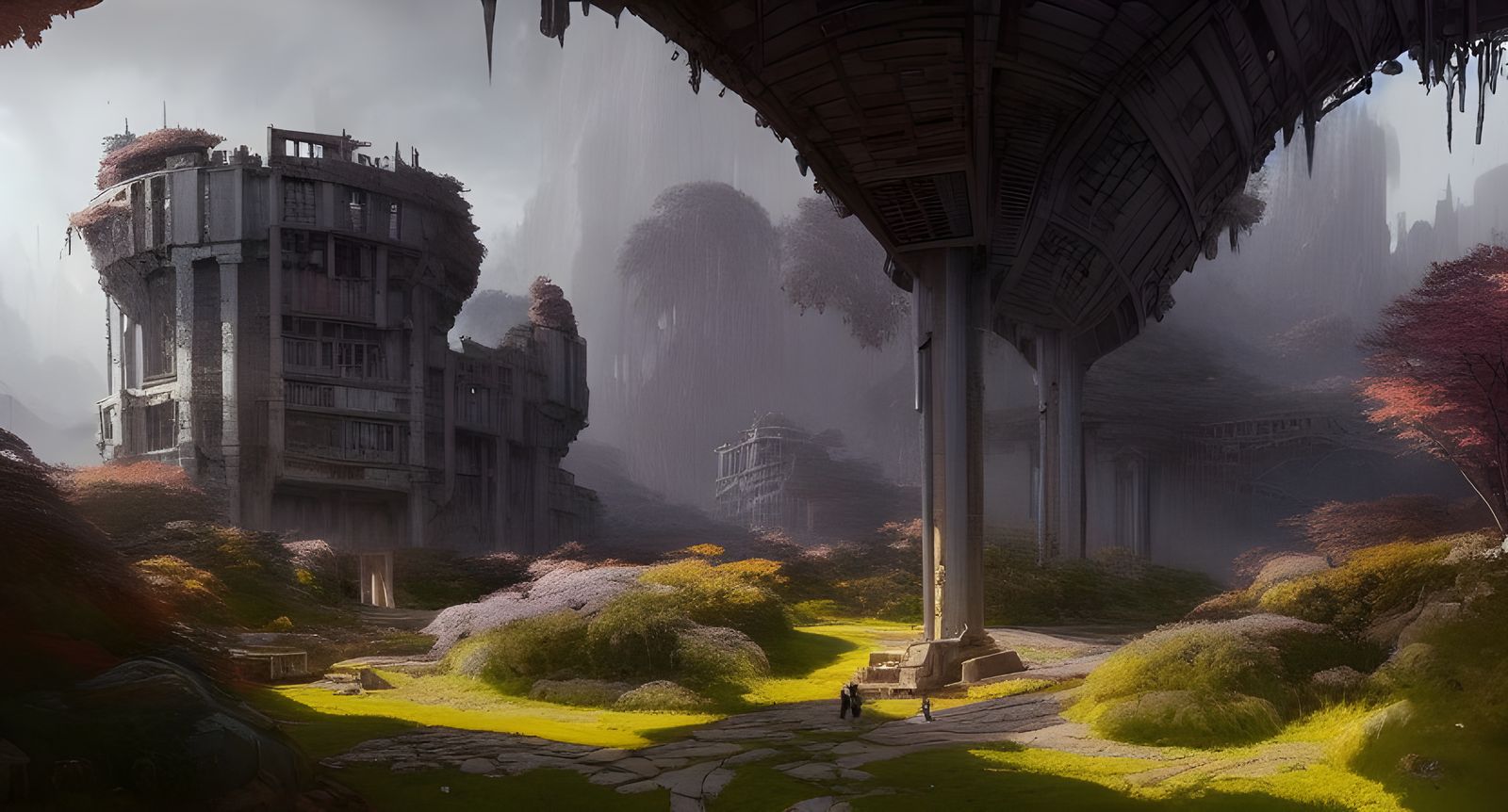Futuristic Castle Garden: Detailed Matte Painting
