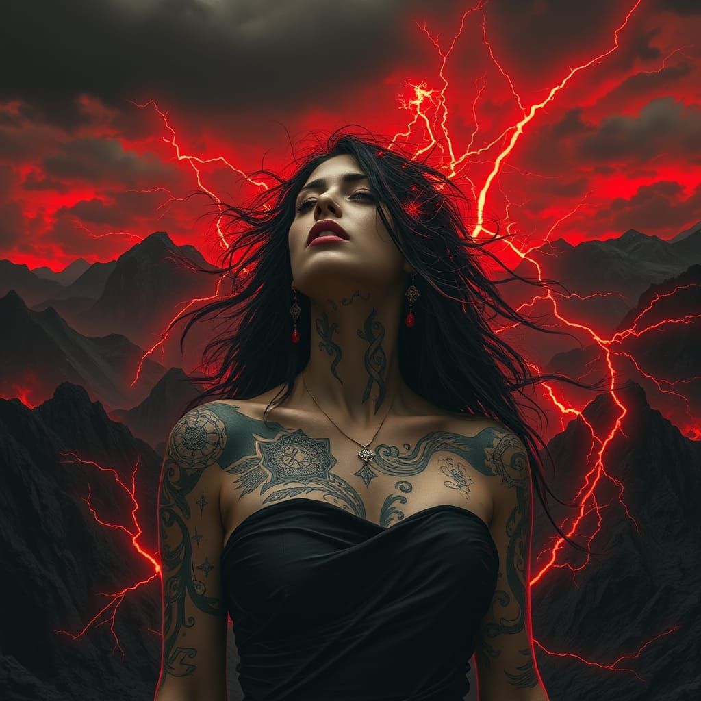 Tormented Woman in Volcanic Hellscape with Lightning