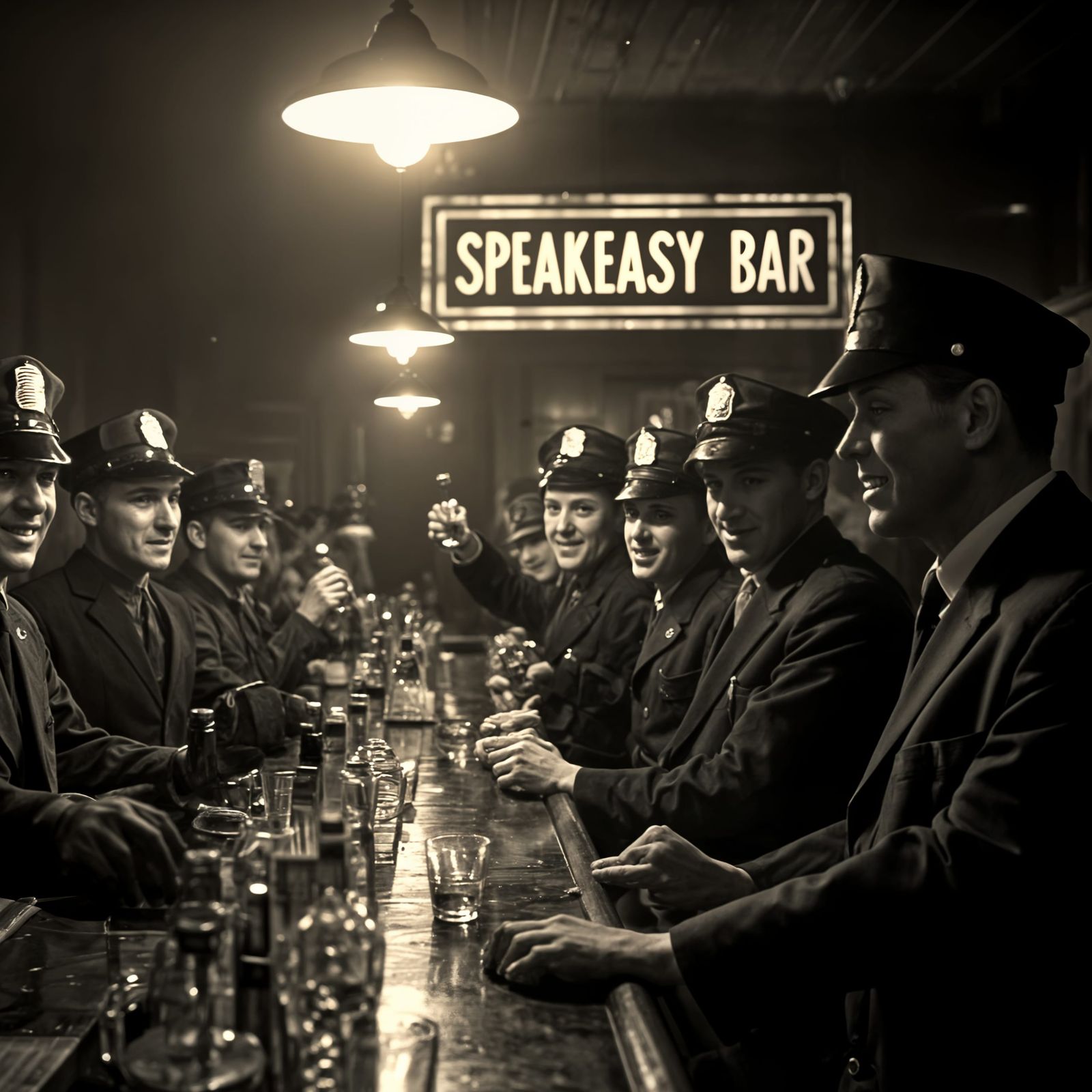 Chicago Police at Speakeasy Bar, 1925, in Black and White