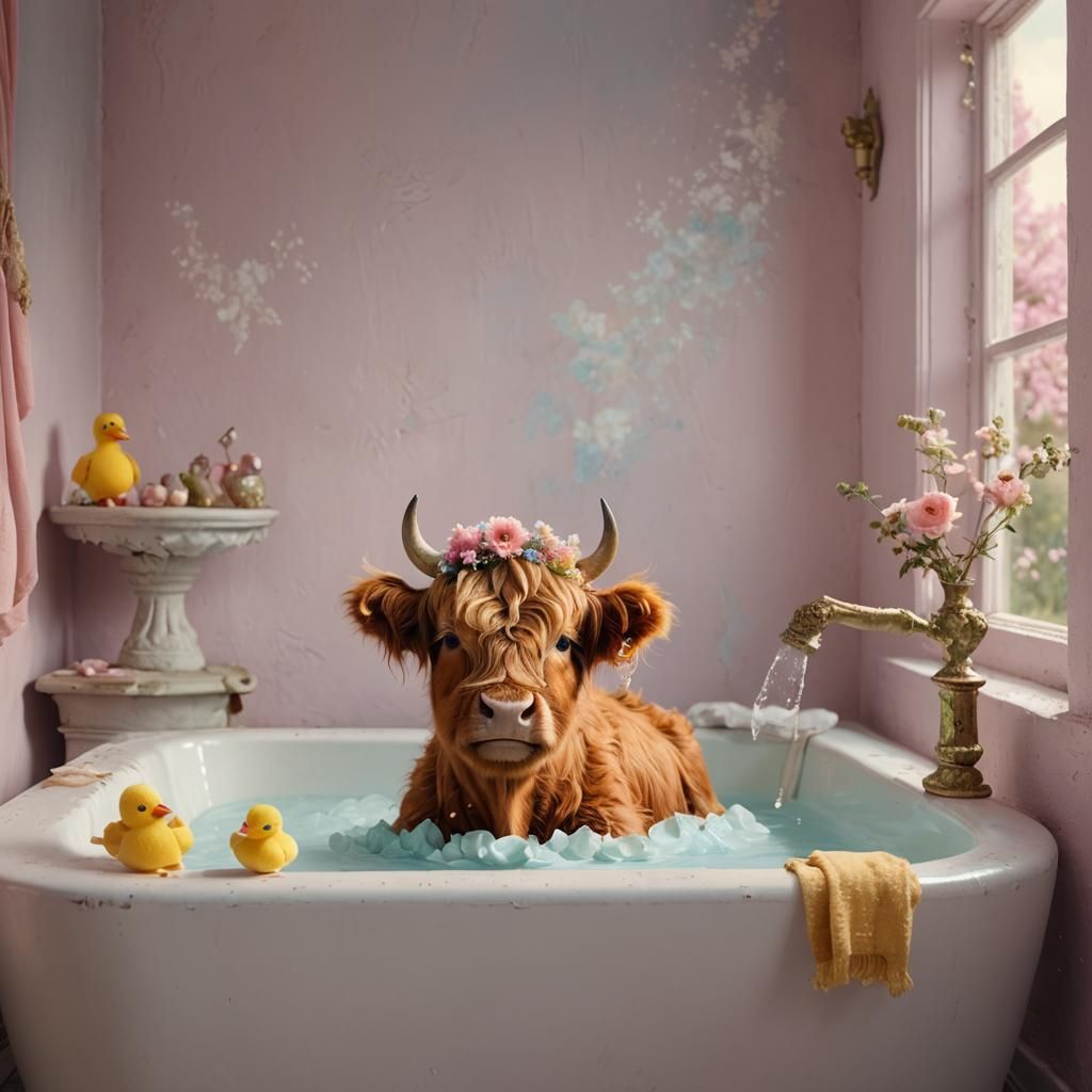 Highland Cow with Duck and Flowers: Fantasy Art