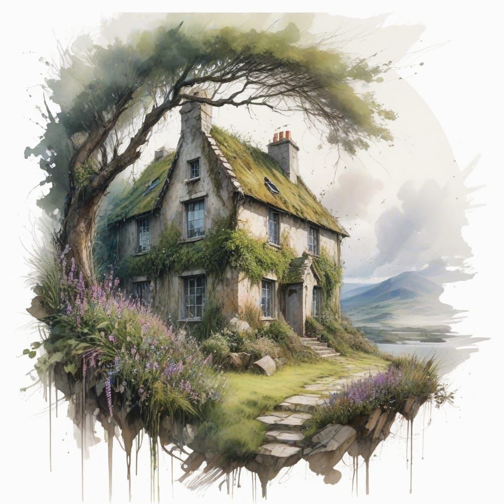 Misty Irish Ruins in Watercolour Style