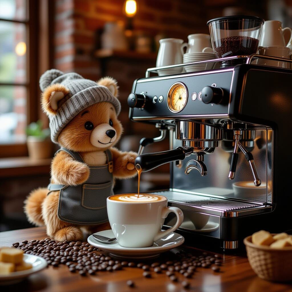 Teddy Bear Barista Prepares Cappuccino, Pixar Style