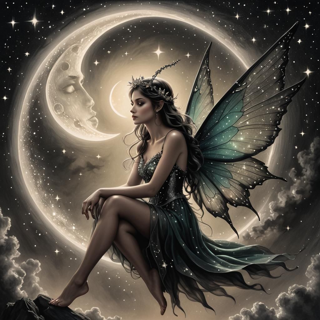 Fairy in Moon: Hyperrealistic Charcoal Drawing