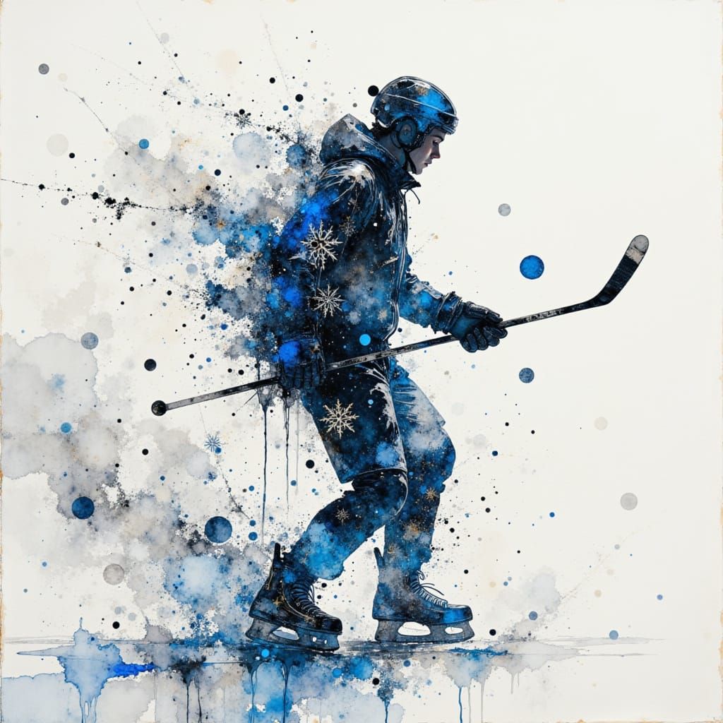 Figure Dissolving into Snowflakes and Hockey Gear