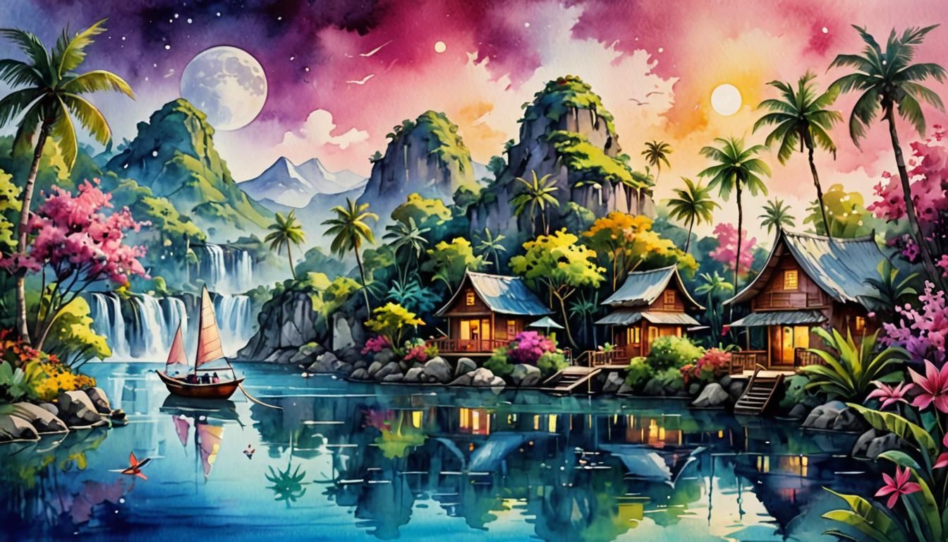 Colorful Water-World Dreamland: Watercolor Illustration