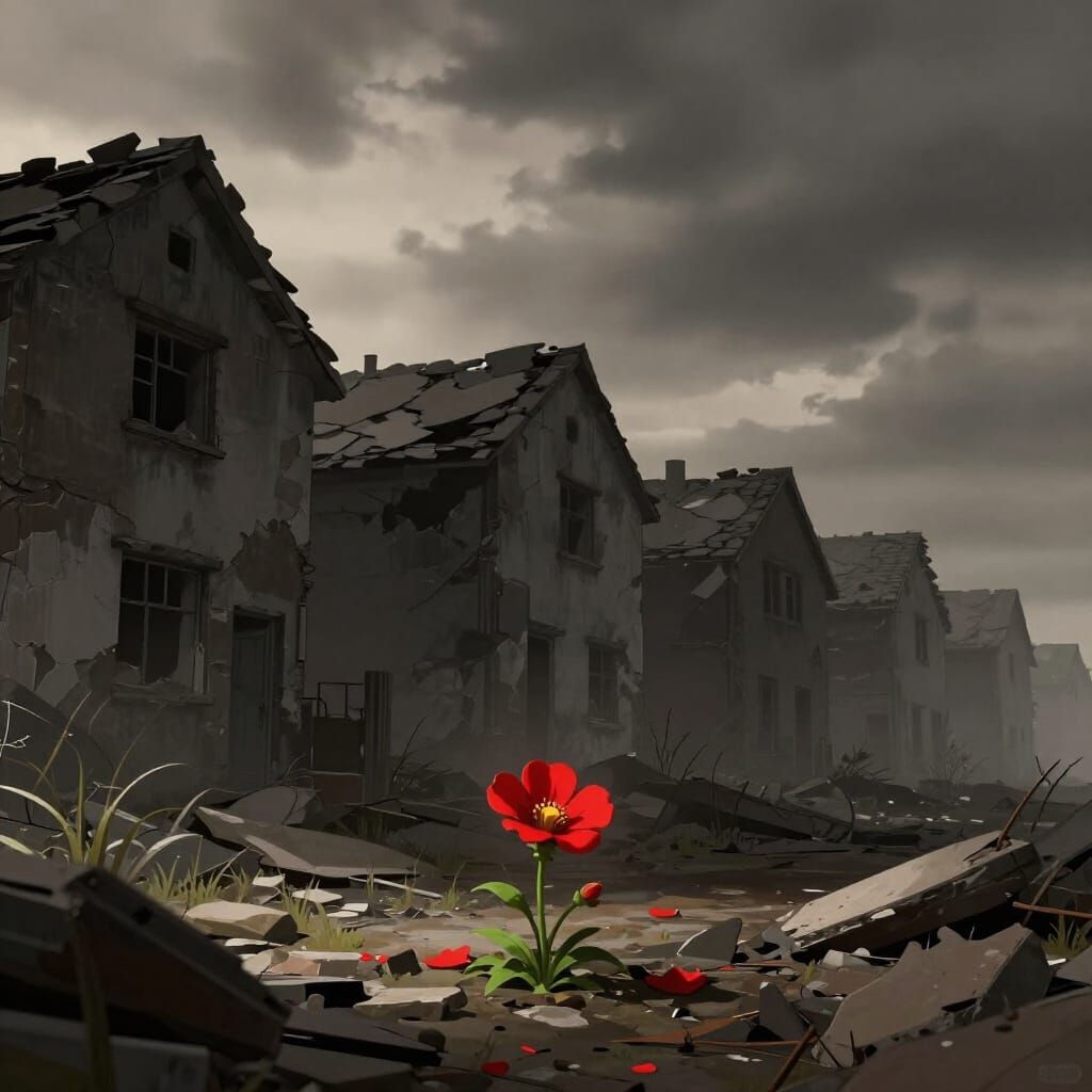 Hope Blooms Amidst War-Torn Ruins in 3D Anime Art