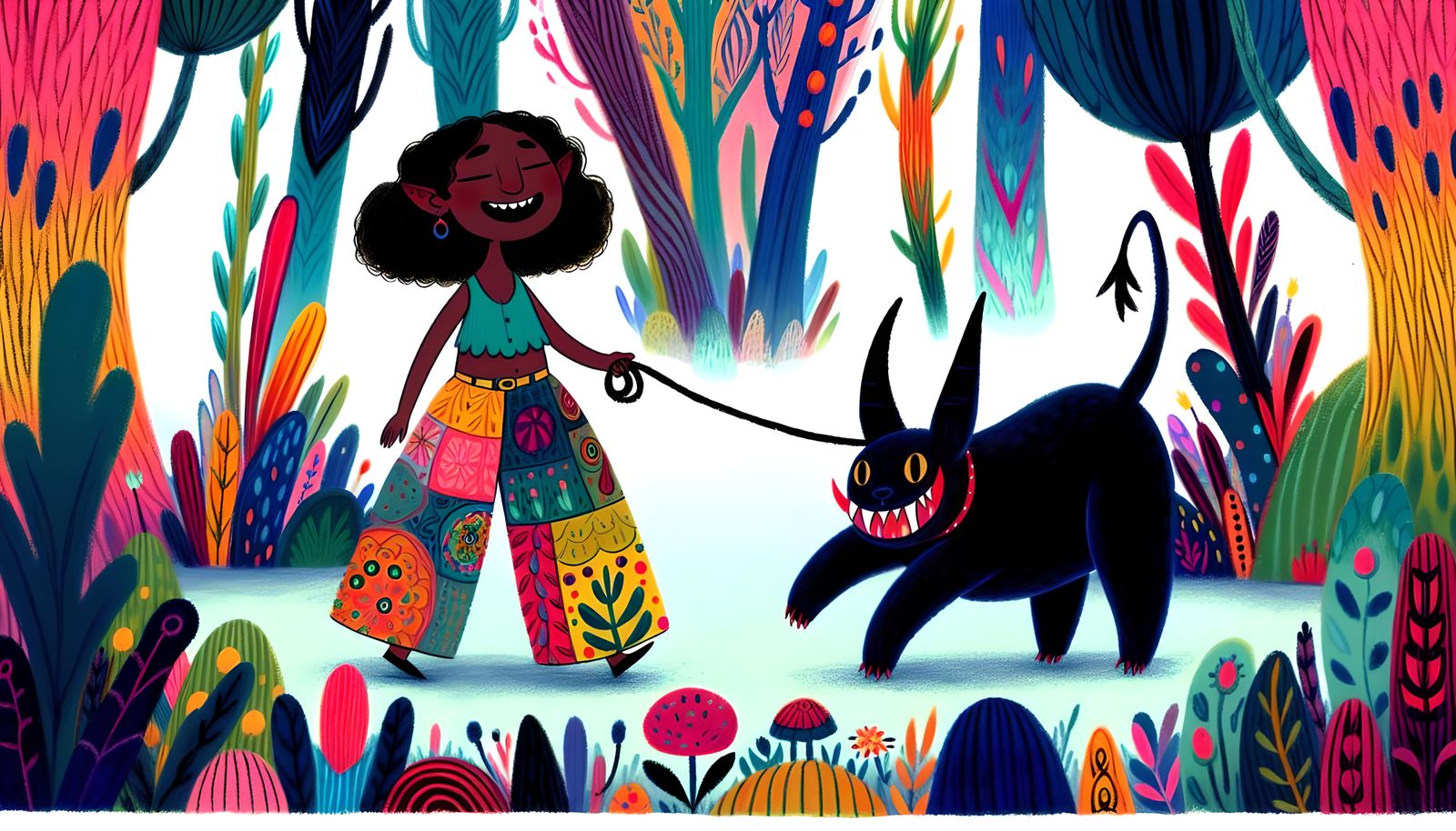 Friendly Demon Walk in Magical Forest, Hand-Drawn Style