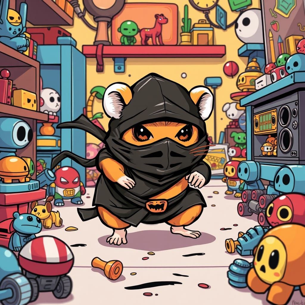 Ninja Hamster in Murakami Style Toy Room
