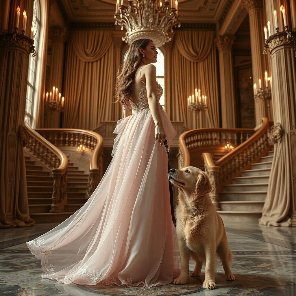 Woman with Puppy in Baroque Interior