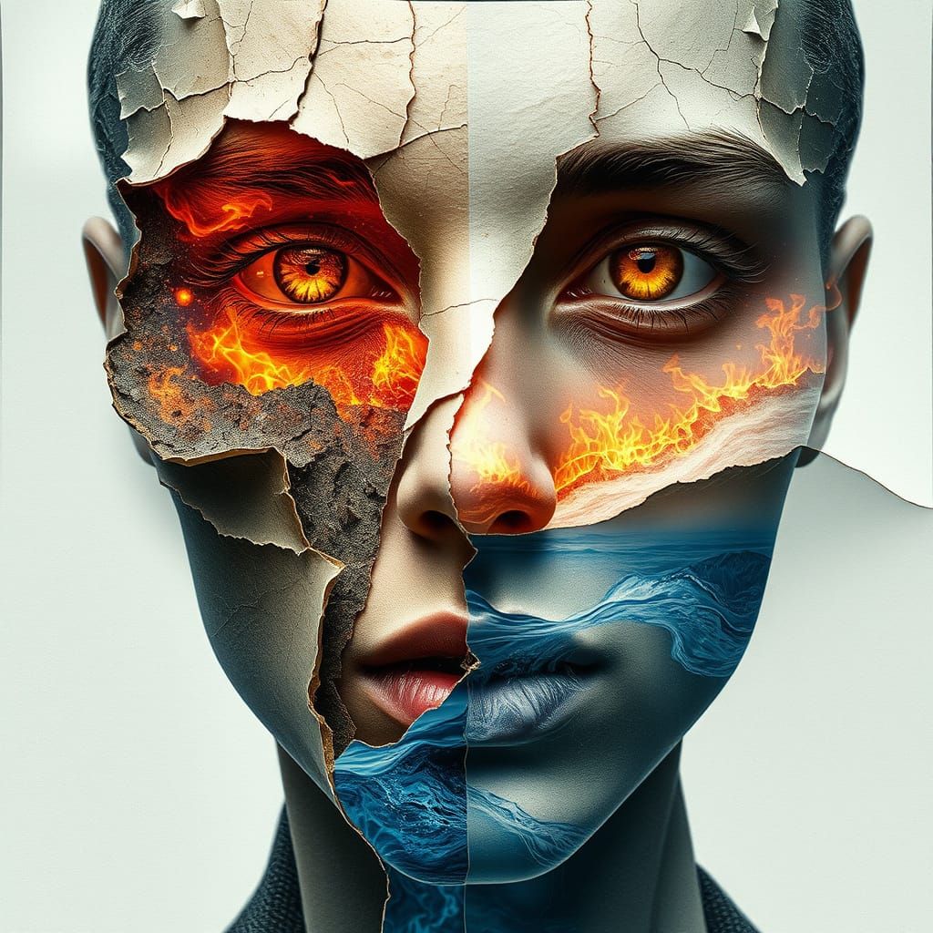 Surreal Face Made of Paper and Elements