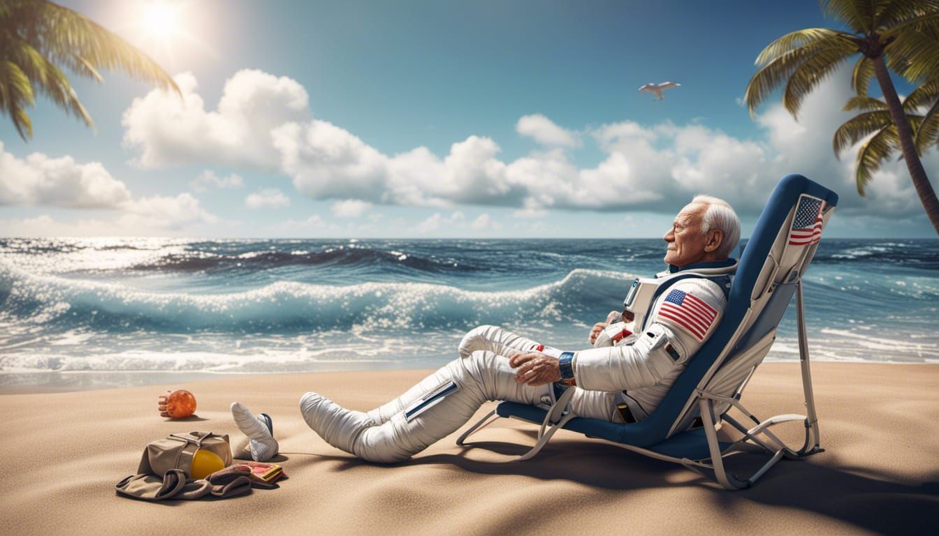 Astronaut Buzz Aldrin sunbathing on Hawaii beach