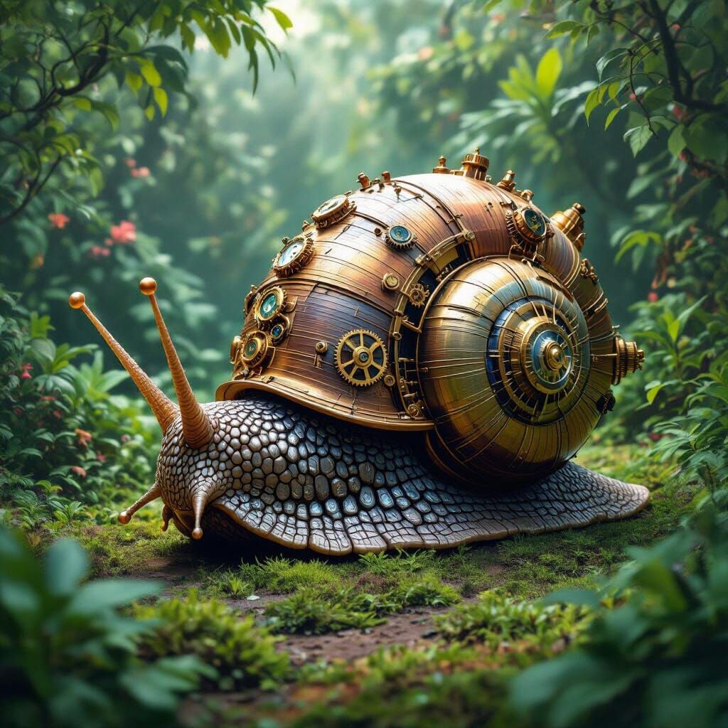 Steampunk Snail in Bioluminescent Garden