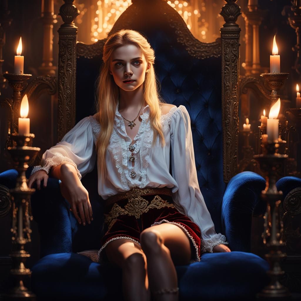 Blonde Vampire Queen on Velvet Throne