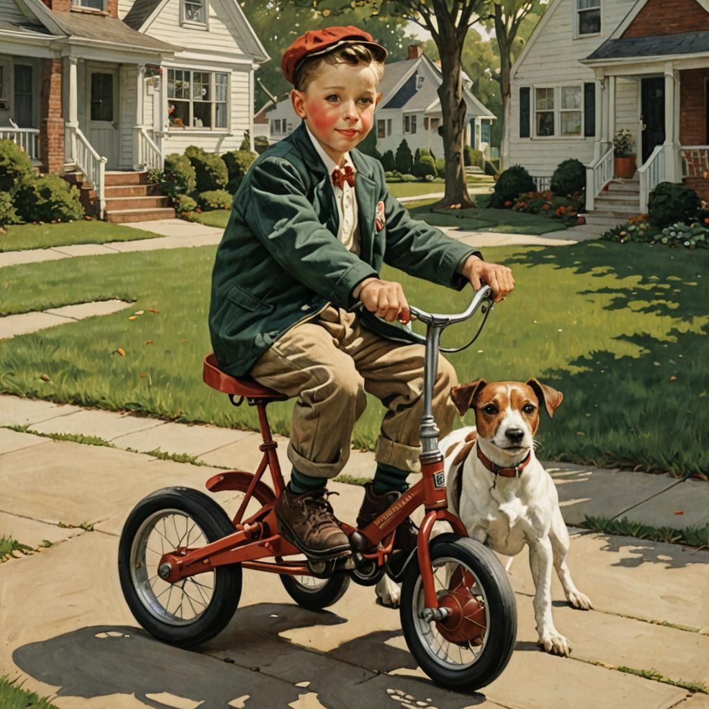 Boy and Dog on Tricycle in Rockwell Style