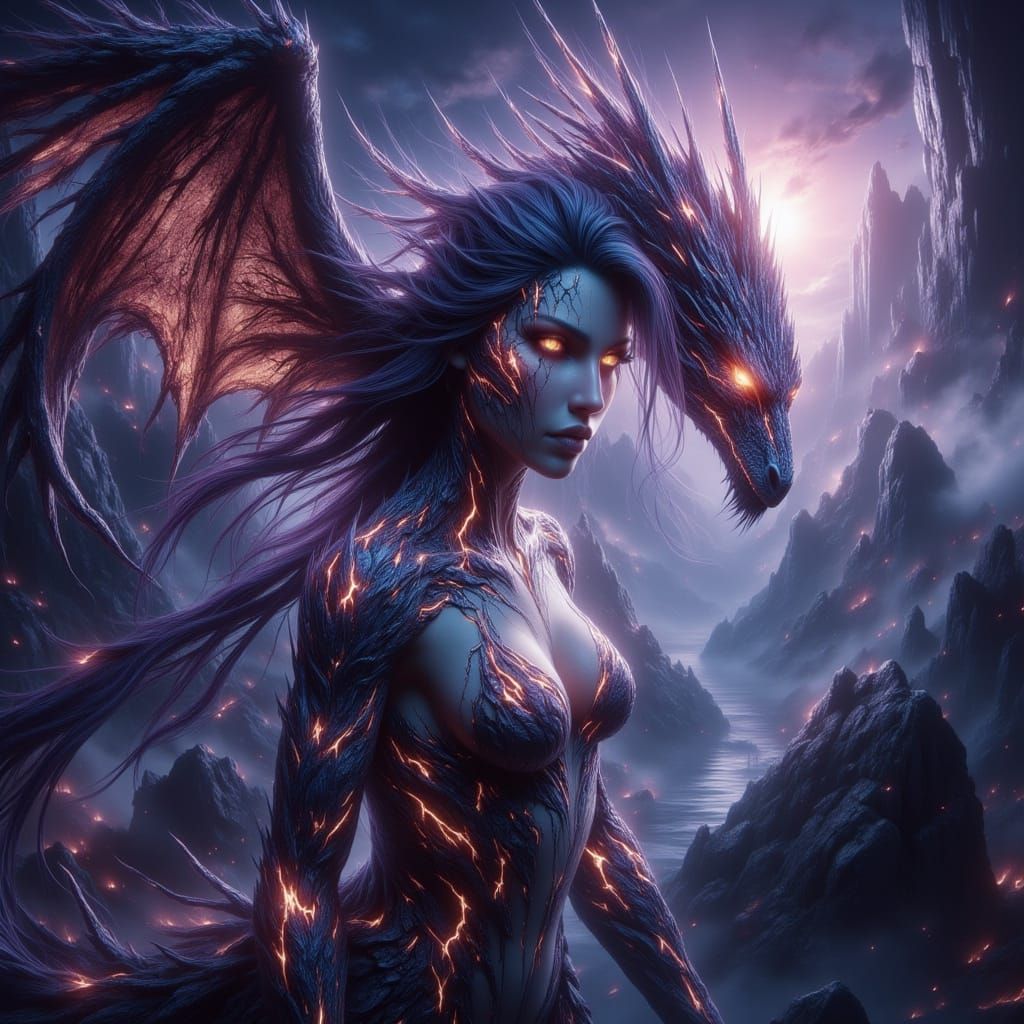 Dragon Maiden of Wight and Gold in Dark Fantasy Style