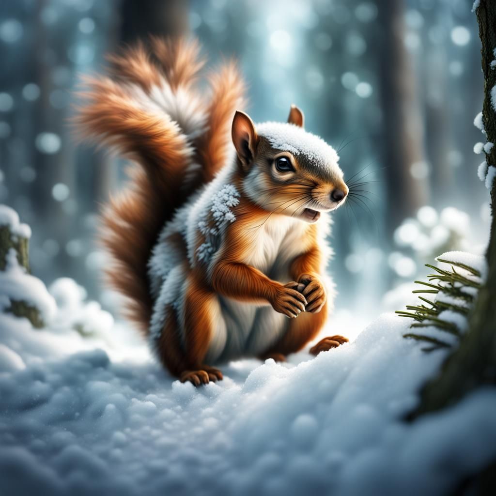 Squirrel-Headed Baby Crawling Through Snowy Forest