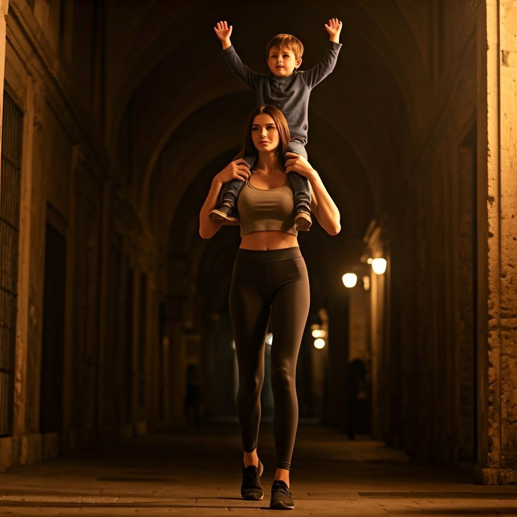 Tall Italian Woman Carries Boy in Cinematic Lighting