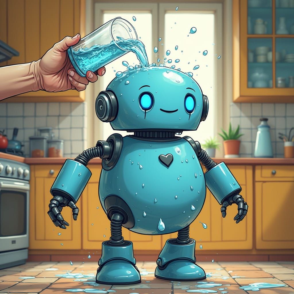 Blue Robot Surprises Person with Water in Whimsical Cartoon ...