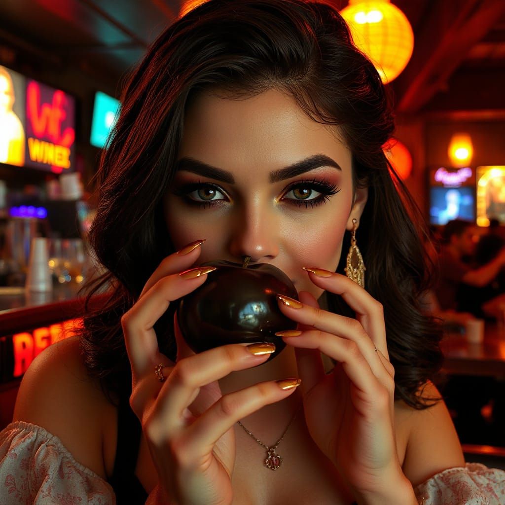 Glamorous Snow White Lookalike Bites Black Apple in City Bar