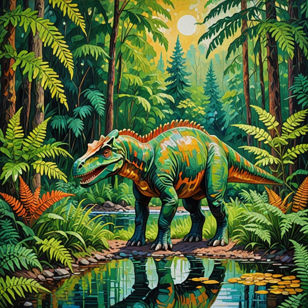 Long-Necked Dinosaur in Fern Forest: Expressionist Oil Paint...
