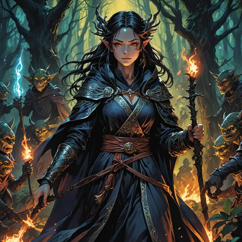 Medieval Woman Mage Surrounded by Evil Goblins