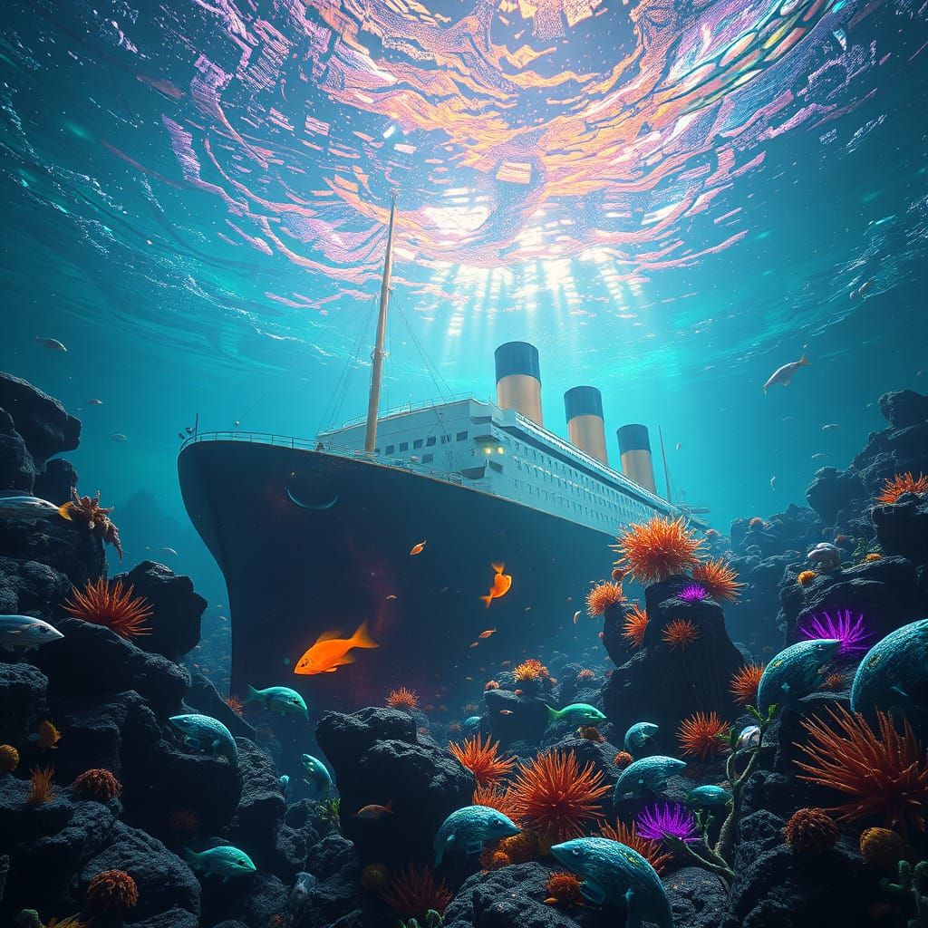 Surreal Titanic Wreckage Scene in Iridescent Ocean Abyss