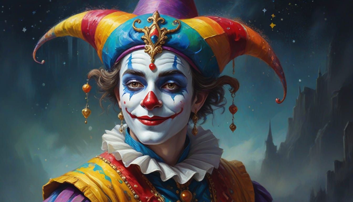 Whimsical Jester in Dreamlike Moonlit Landscape
