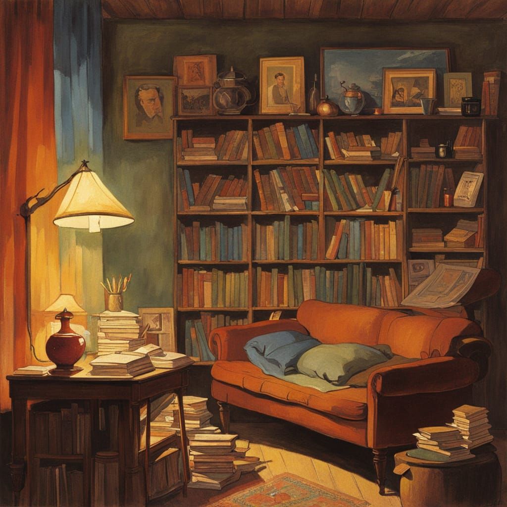 Cozy 1980s Student Room in Carl Spitzweg Style