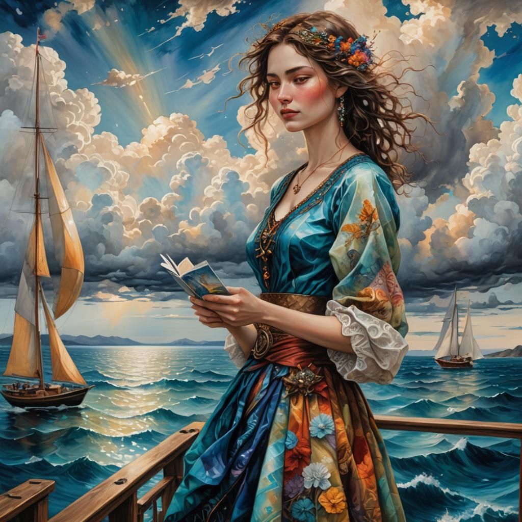 Woman with Postcard on Deck in Vivid Colors